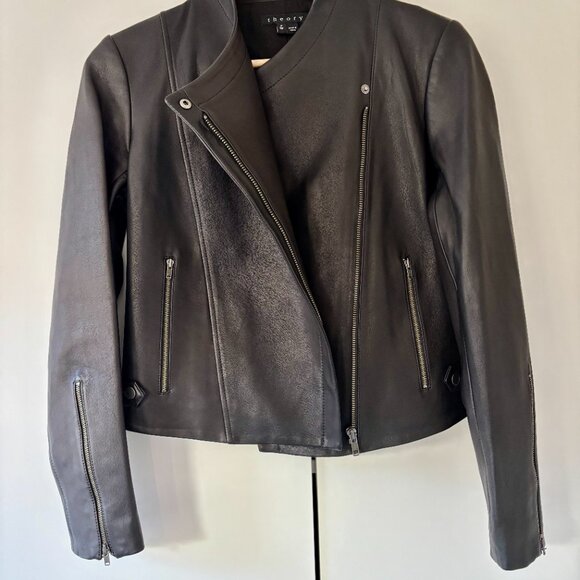 Theory - black lamb leather moto leather jacket with zipper - womens - Picture 3 of 6